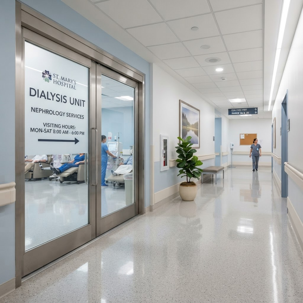 Clean, bright hospital corridor leading to the Jeevan Rekha Dialysis Unit